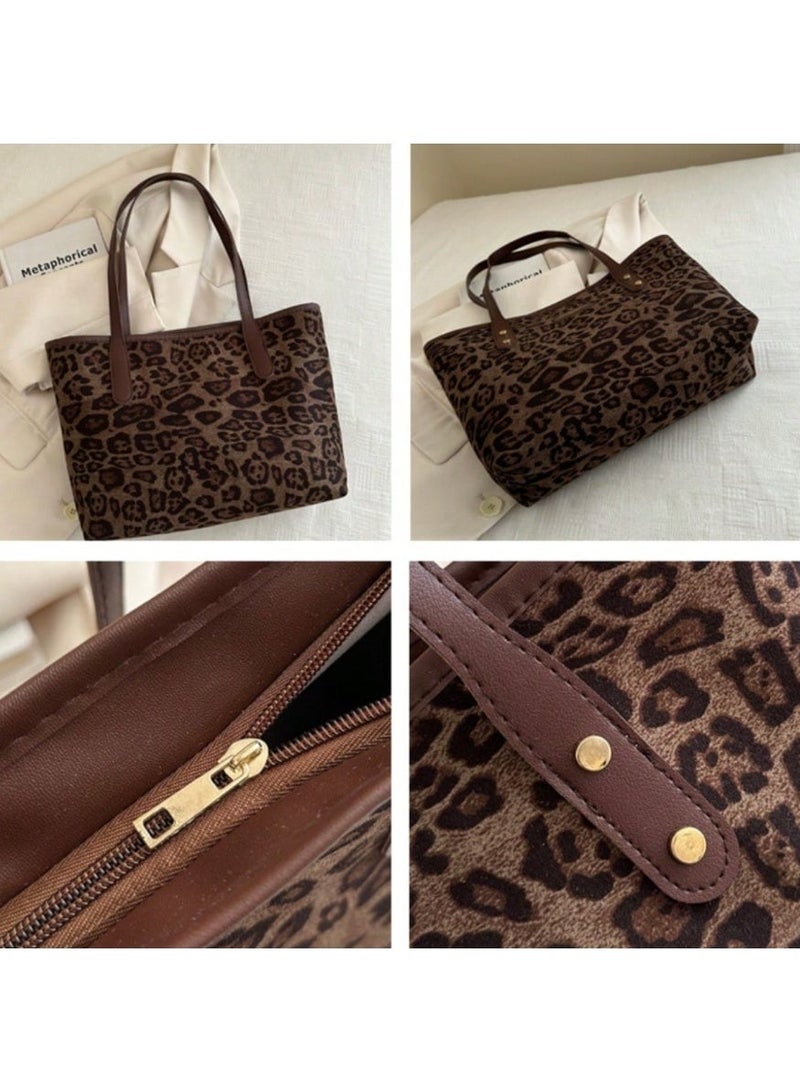 SHEIN WOMEN BAGNew Vintage Leopard Print Large Capacity Handbag For Women. Zipper Opening, Lightweight Minimalist Shoulder Bag. Suitable For Daily Casual, Commuting, Work And Student Use. Leopard Print Bag, Leopard Print Revival, Animal Print Women's Bag - Image 2